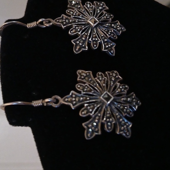 Vintage Sterling Silver Marcasite At9ne Dangle Drop Snowflake Earrings - Picture 11 of 12